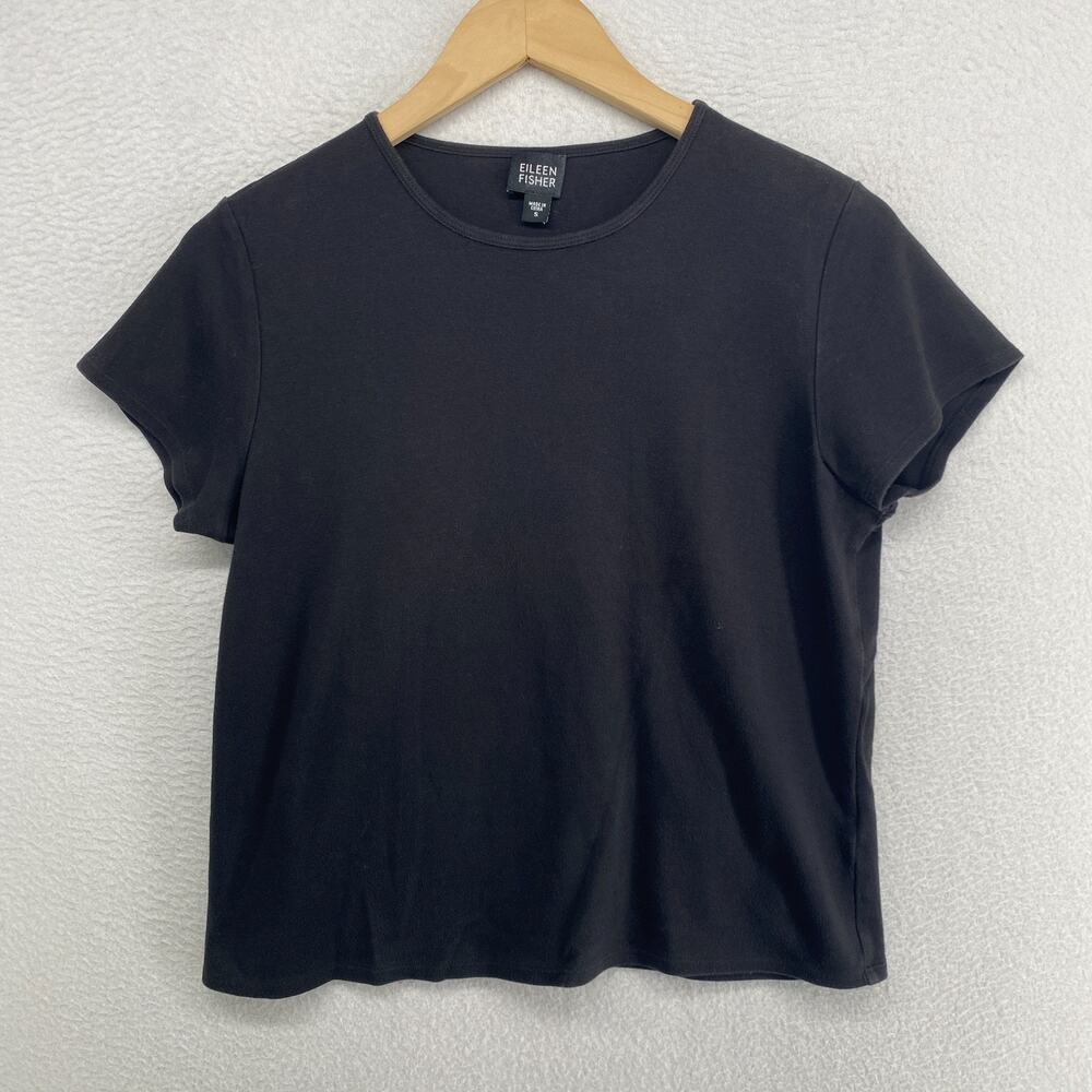 EILEEN FISHER Top S Cotton Interlock Jersey Crew Neck Short Sleeve Black